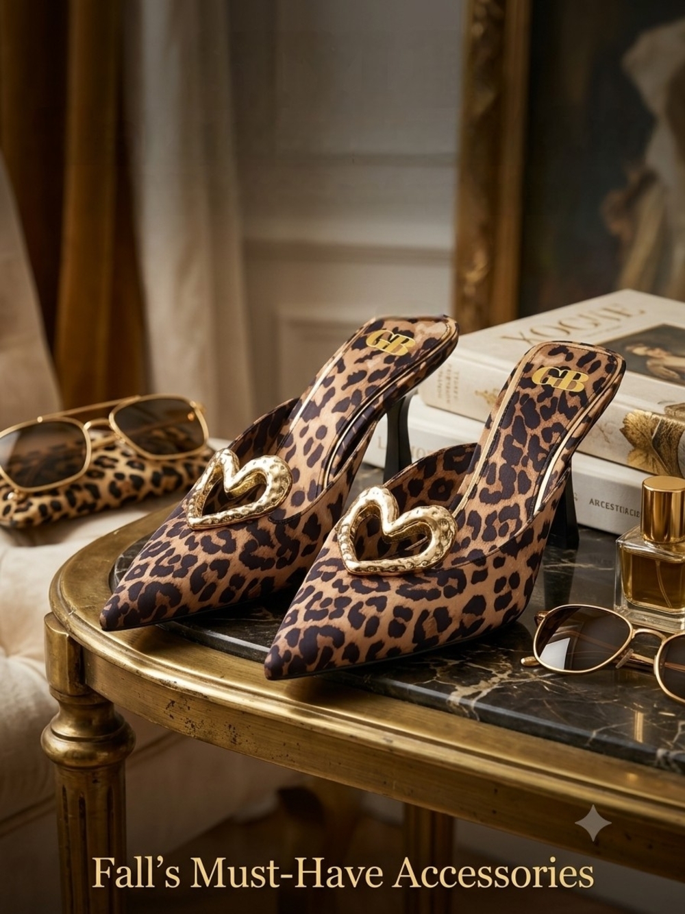 GB Women's Heart-Eyes Leopard Print Satin Heart Ornament Dress Mules Size 9.5